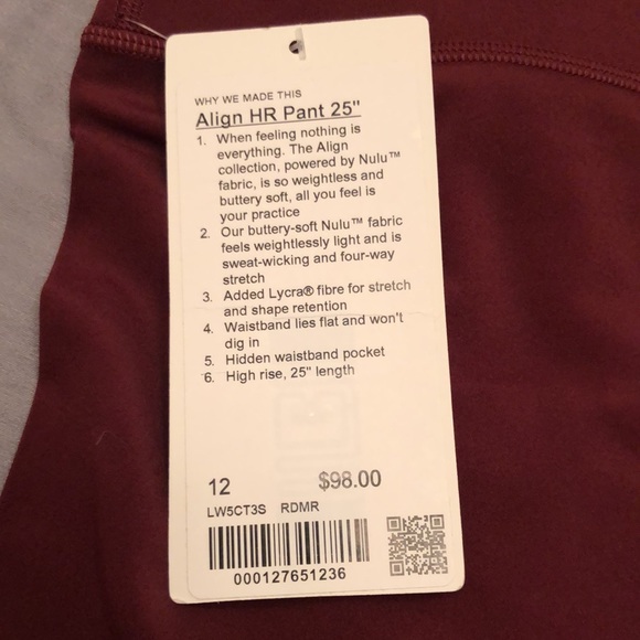NWT lululemon Align HR Pant 25. Sizes 12 and 16. Red Merlot. - Picture 2 of 8